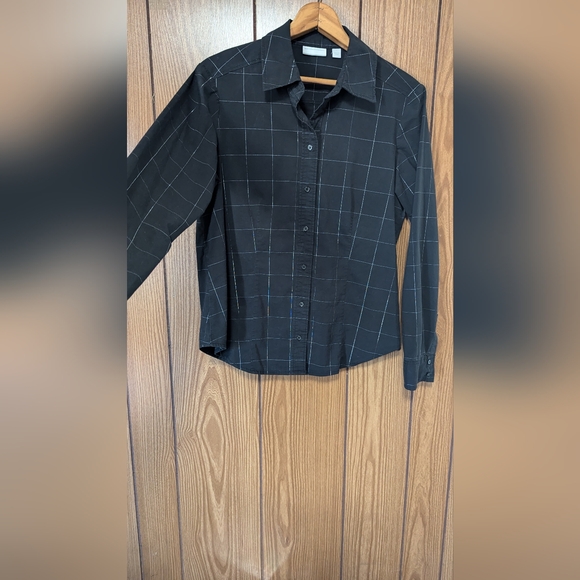 Women’s New York And Company City Stretch Black Button Down Top Sz Large Holiday - Picture 2 of 9